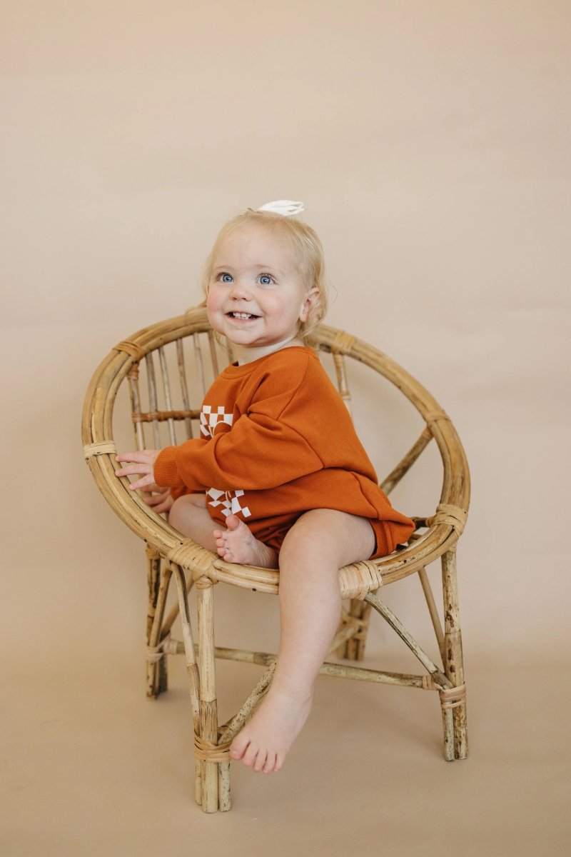 Little Joy Co. Checkered Ghost Sweatshirt Romper Oversized With Snaps - Everetts Place Boutique - 