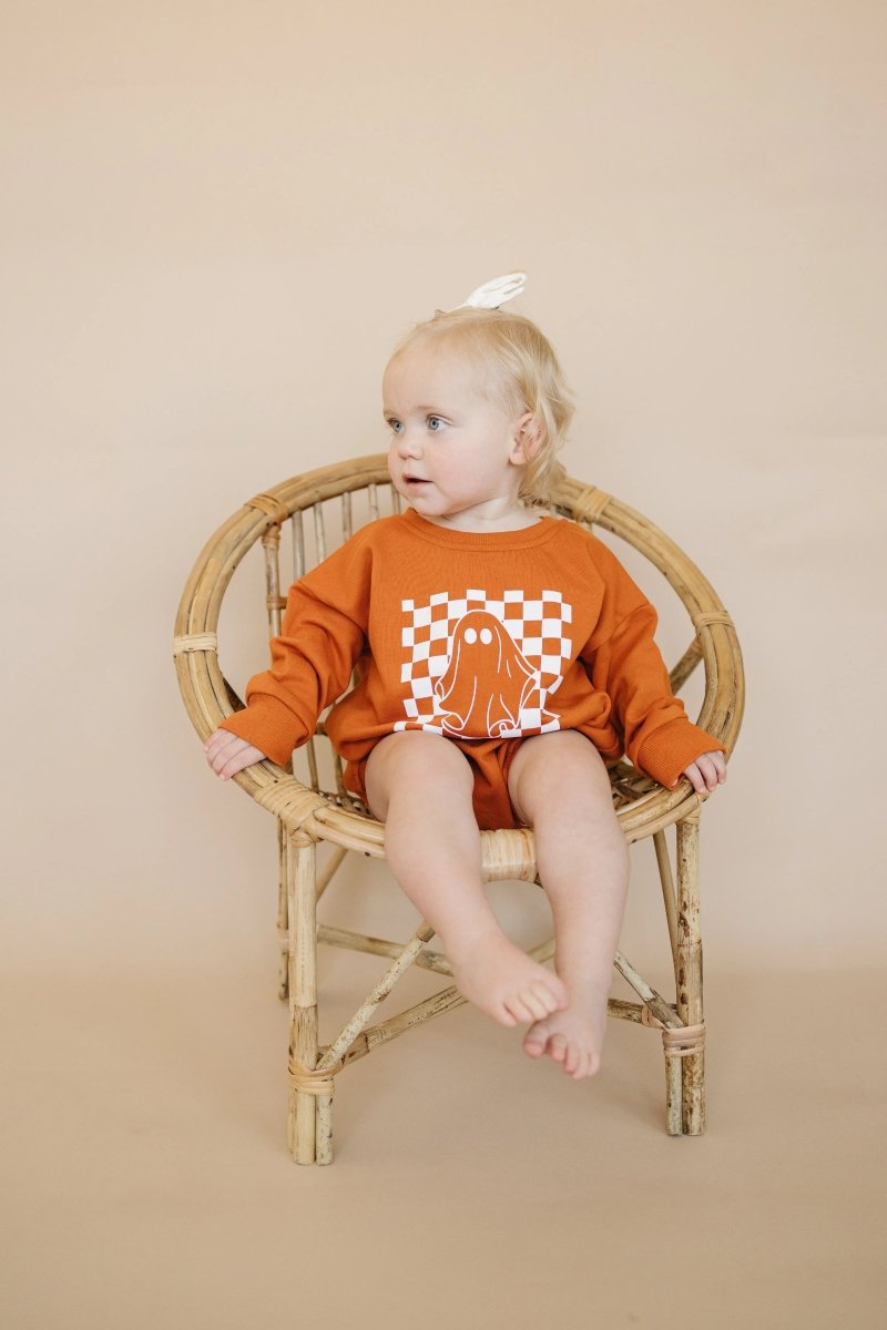 Little Joy Co. Checkered Ghost Sweatshirt Romper Oversized With Snaps - Everetts Place Boutique - 