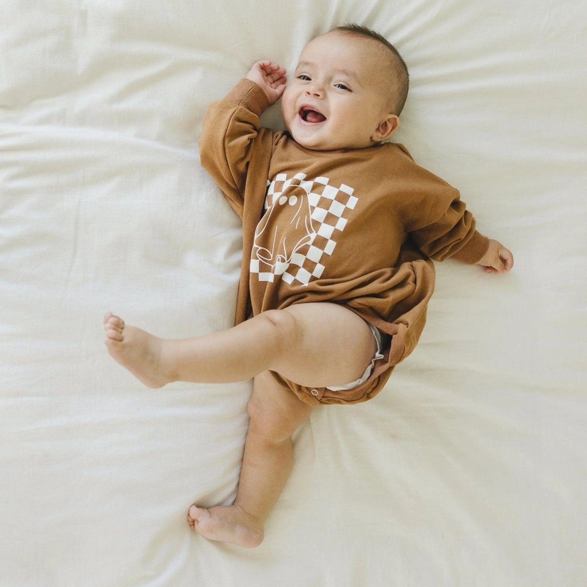 Little Joy Co. Checkered Ghost Sweatshirt Romper Oversized With Snaps - Everetts Place Boutique - 