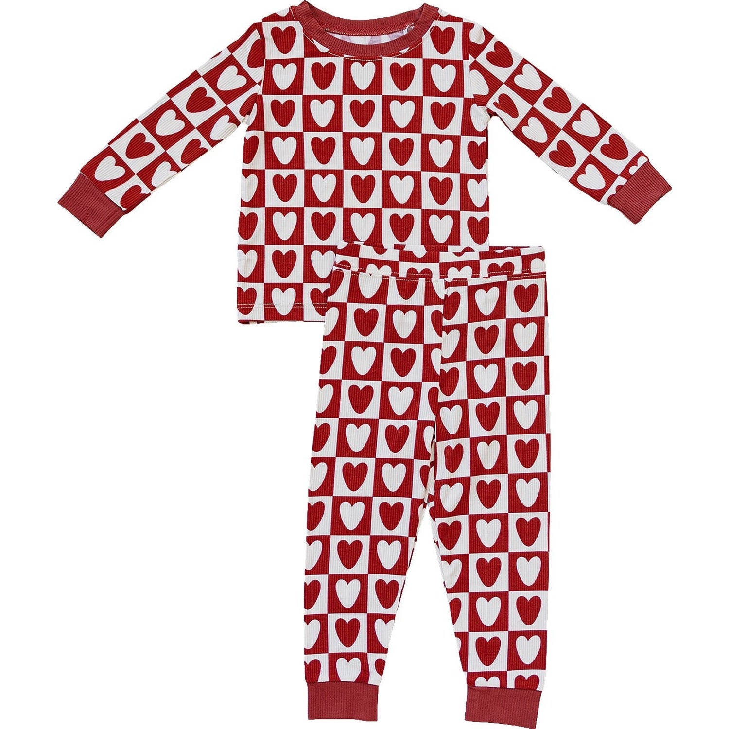 Ribbed bamboo two-piece cozy set with a checkered heart print, shown as a matching long-sleeve top and pants.
