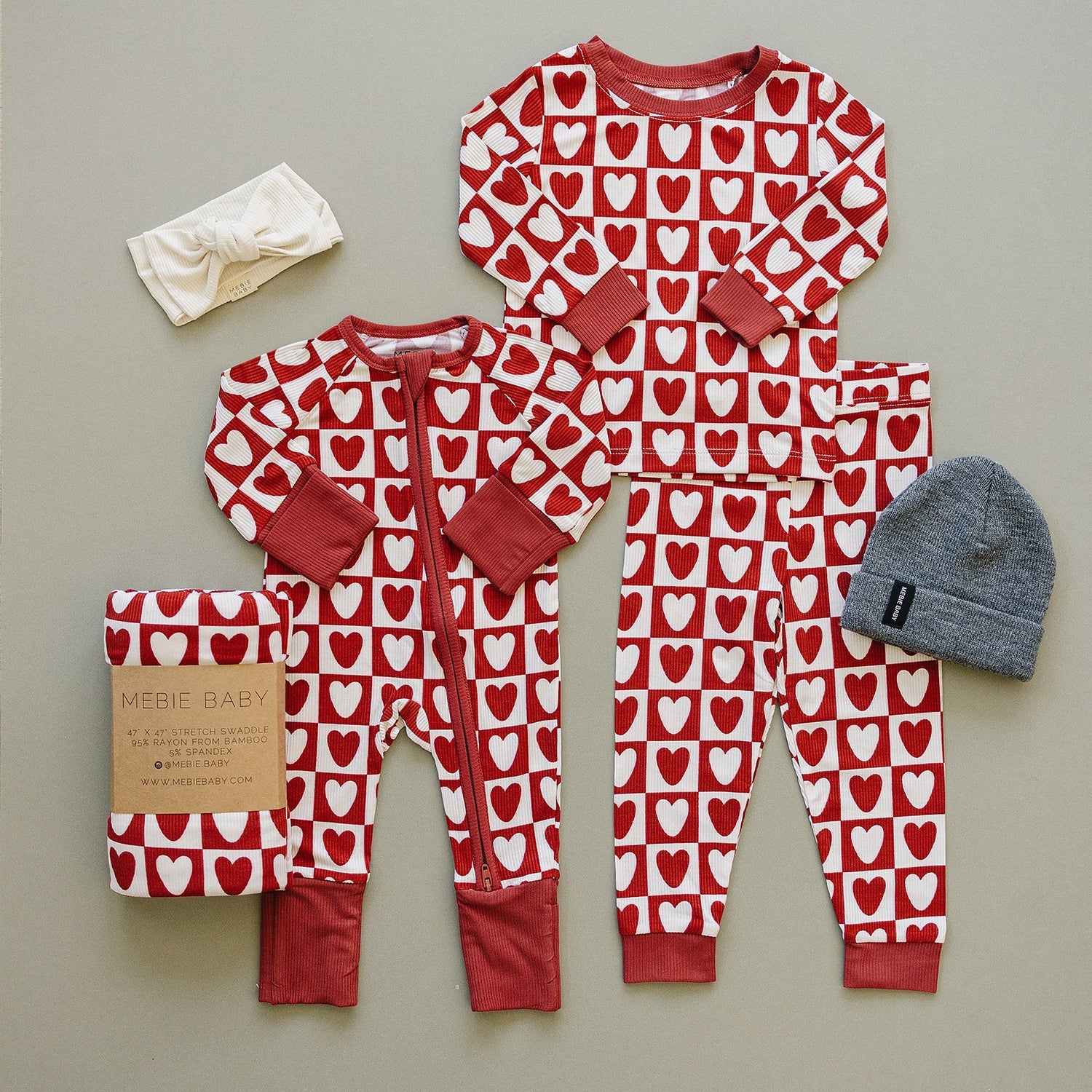 Mebie Baby Checkered Hearts Ribbed Bamboo Cozy Sleep Set Valentines Day For Baby And Toddler - 