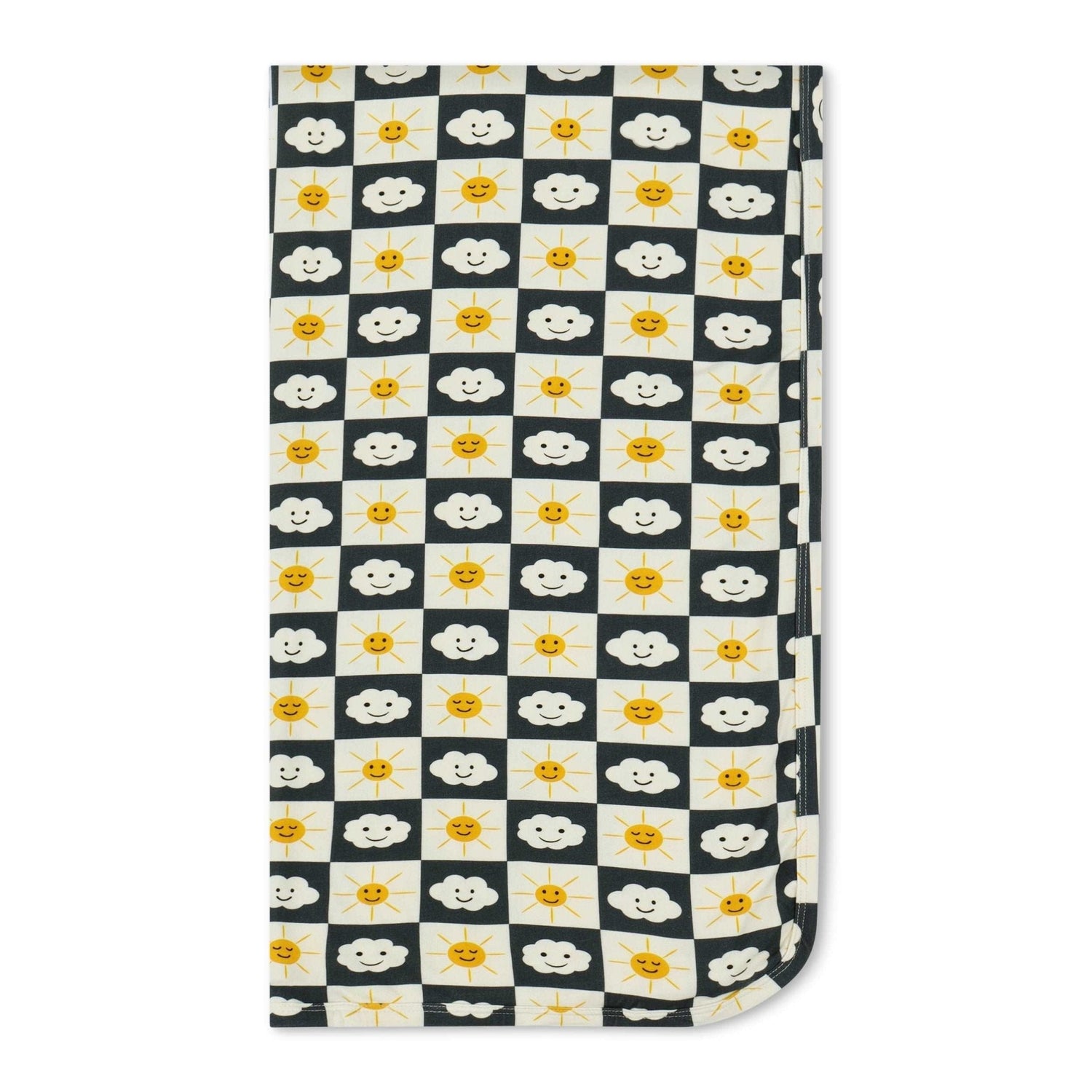 Baby swaddle blanket with a checkered pattern, laid flat to show its square shape.