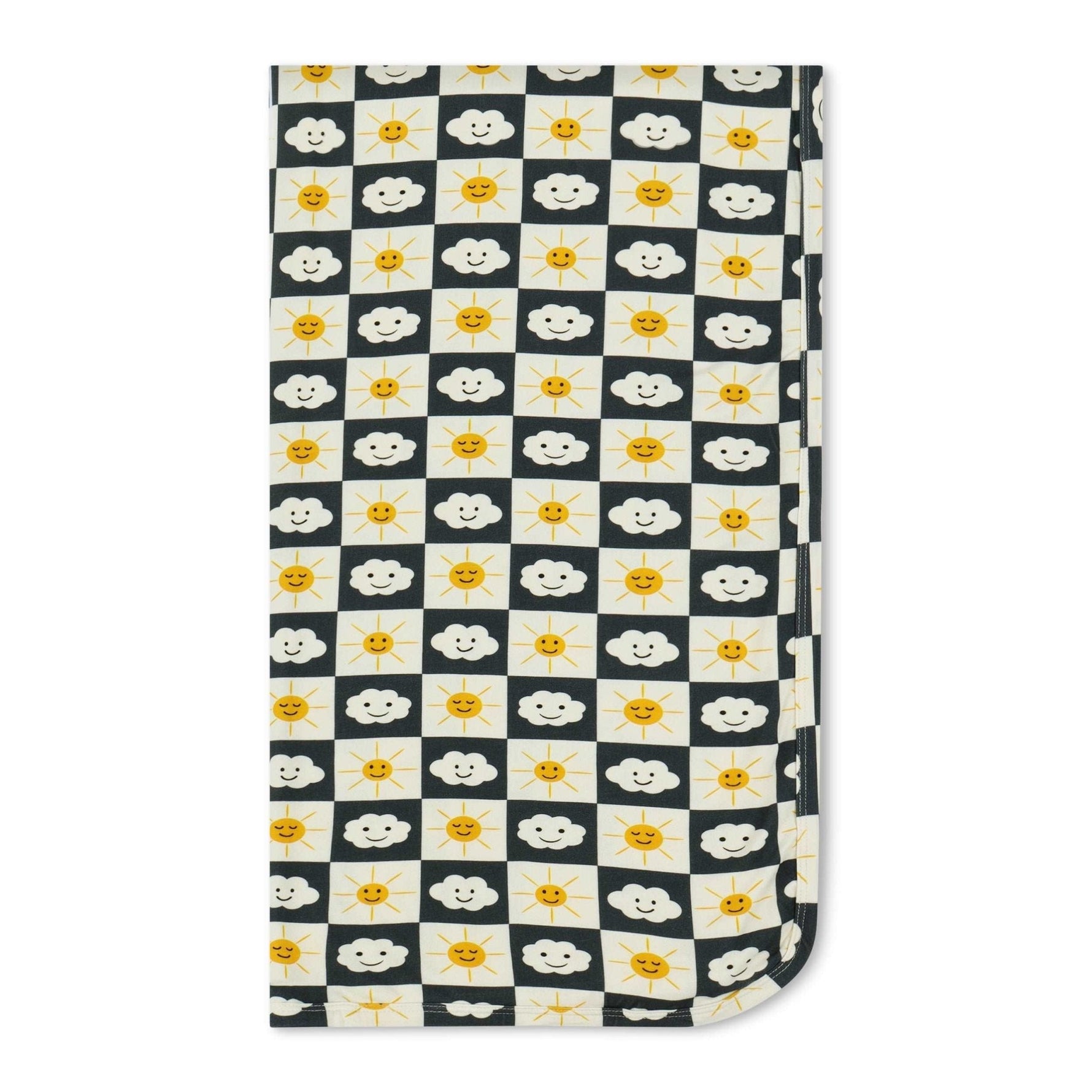 Baby swaddle blanket with a checkered pattern, laid flat to show its square shape.