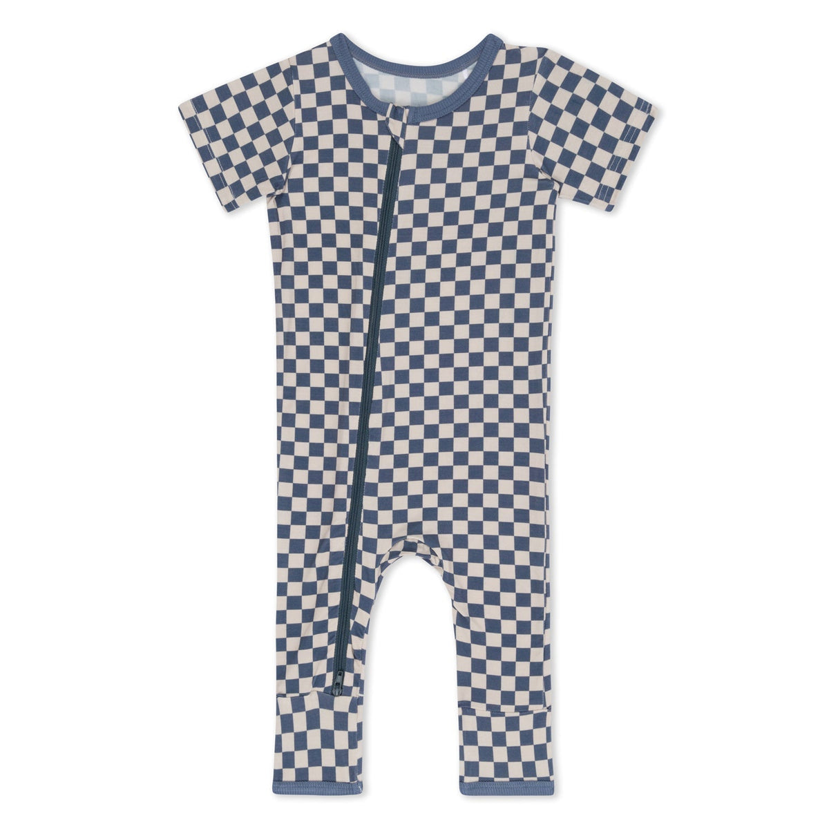 Short sleeve baby romper in a blue and white checkered pattern with dual zippers down the front and legs.
