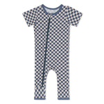 Short sleeve baby romper in a blue and white checkered pattern with dual zippers down the front and legs.