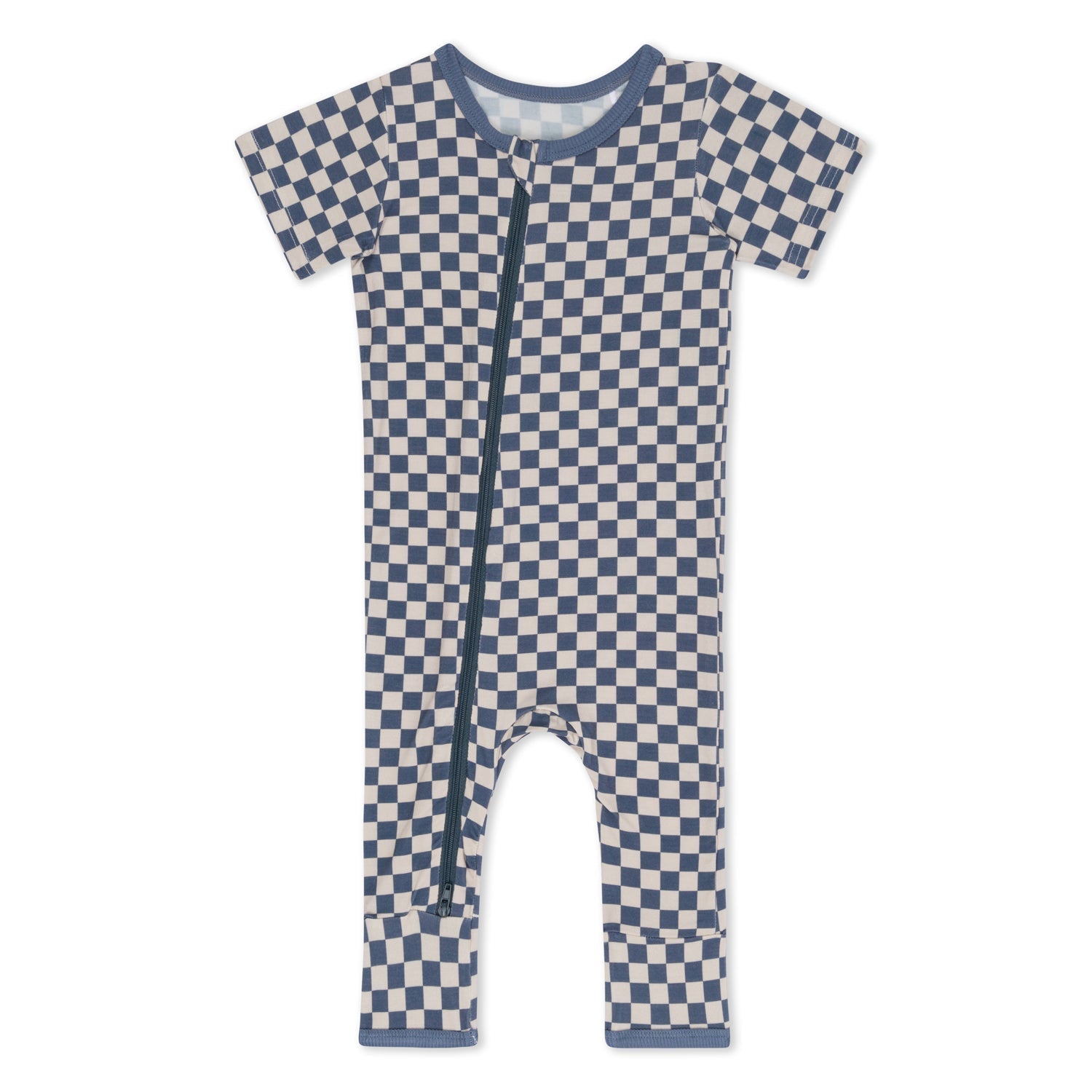 Short sleeve baby romper in a blue and white checkered pattern with dual zippers down the front and legs.