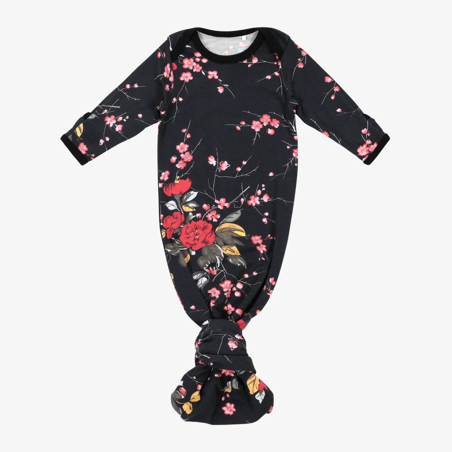 Black baby gown with cherry blossom print, overlap shoulders, tie bottom, and fold-over hand mittens