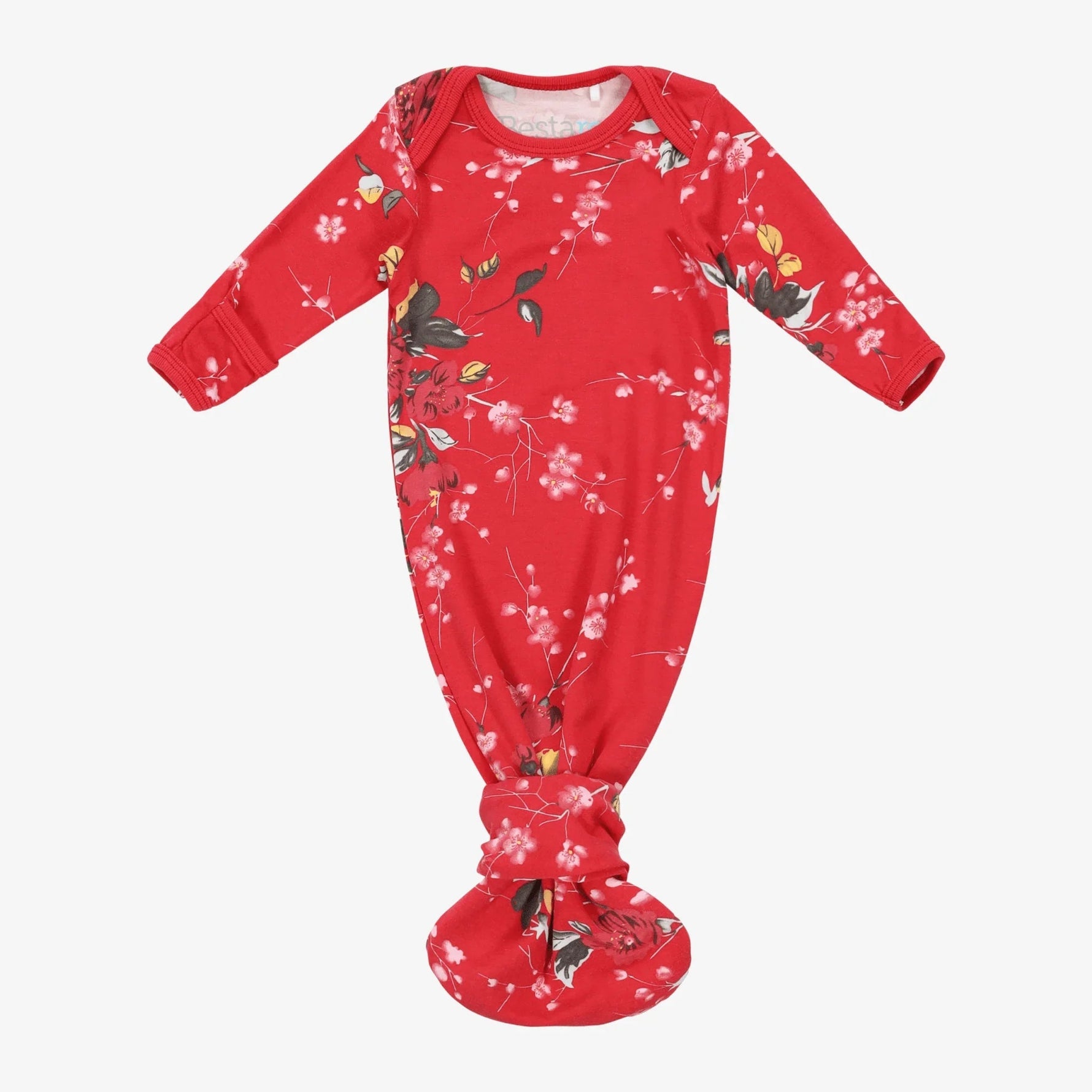 Convertible baby gown in cherry blossom red with overlap shoulders, tie bottom, and fold-over mittens