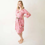 Cherry blossom rose floral robe with 3/4 sleeves, mid-length cut, and wrap tie closure.