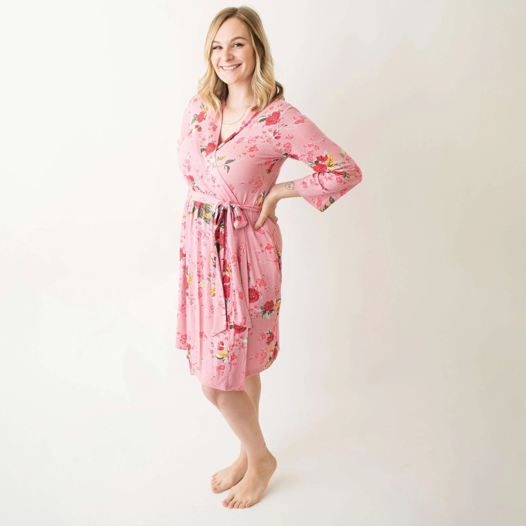 Cherry blossom rose floral robe with 3/4 sleeves, mid-length cut, and wrap tie closure.