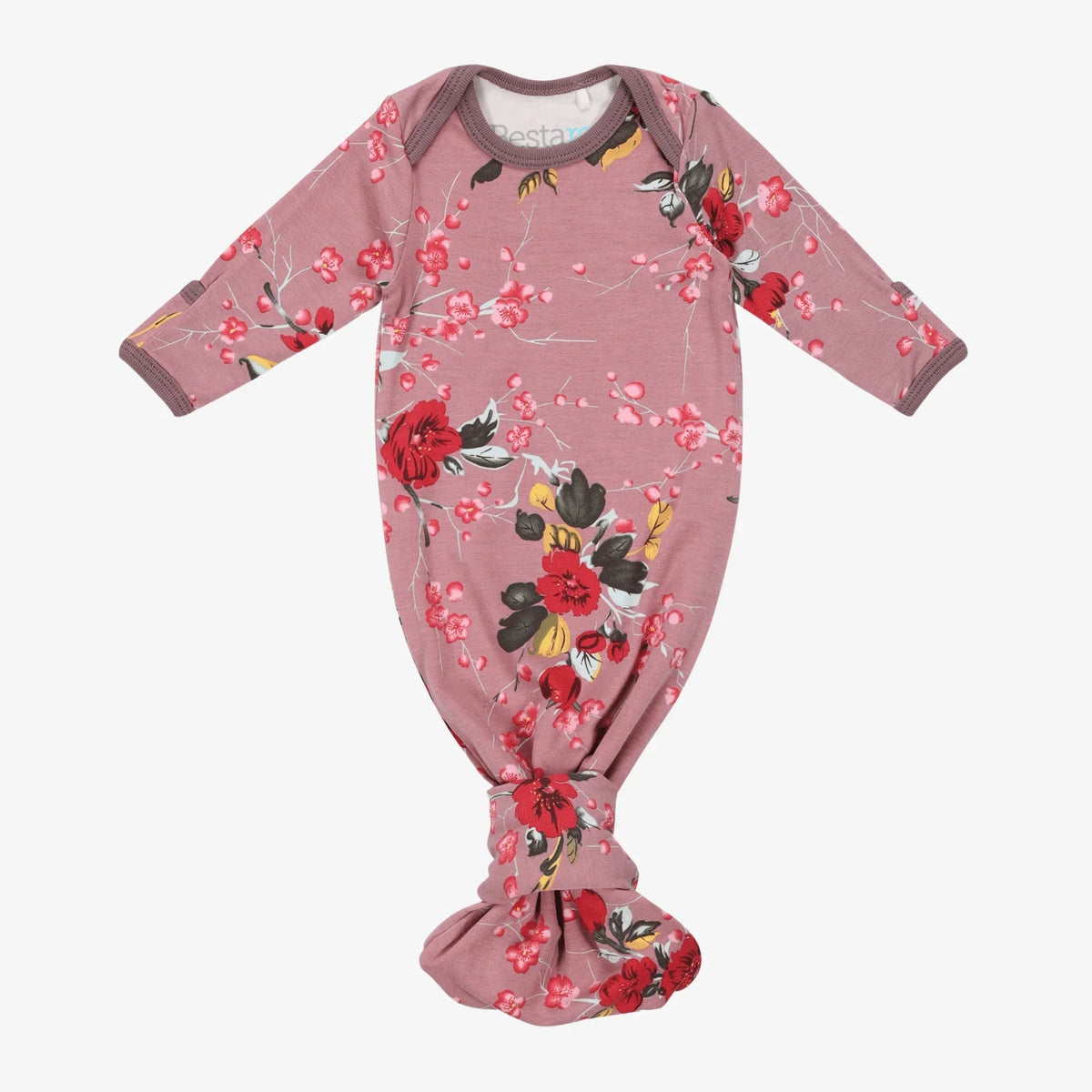 Baby gown in mauve cherry blossom print with overlap shoulder, tie bottom, and fold-over mitten cuffs