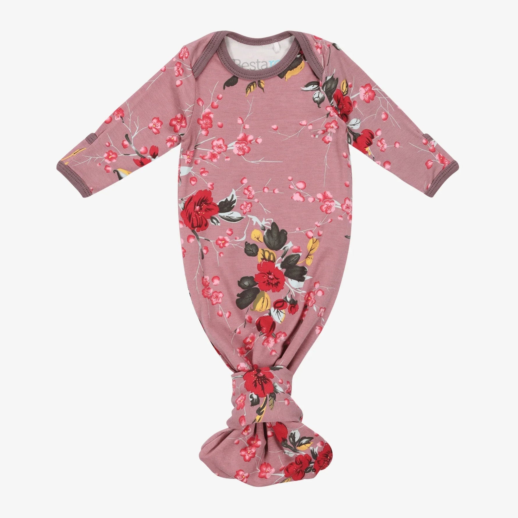 Baby gown in mauve cherry blossom print with overlap shoulder, tie bottom, and fold-over mitten cuffs