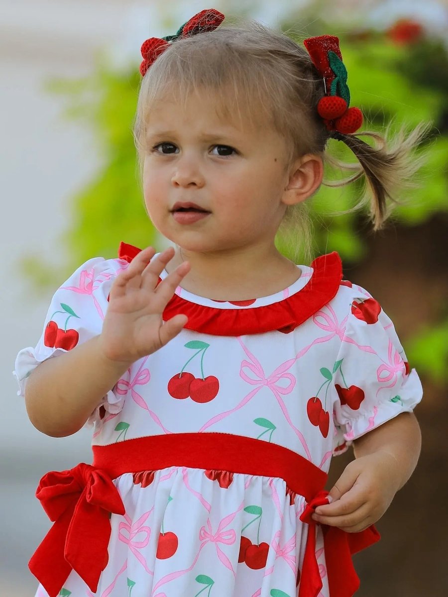 Rylee Faith Designs Cherry Bow Girls Dress with Vibrant Cherry Print and Adorable Bow Detail - Everetts Place Boutique - 