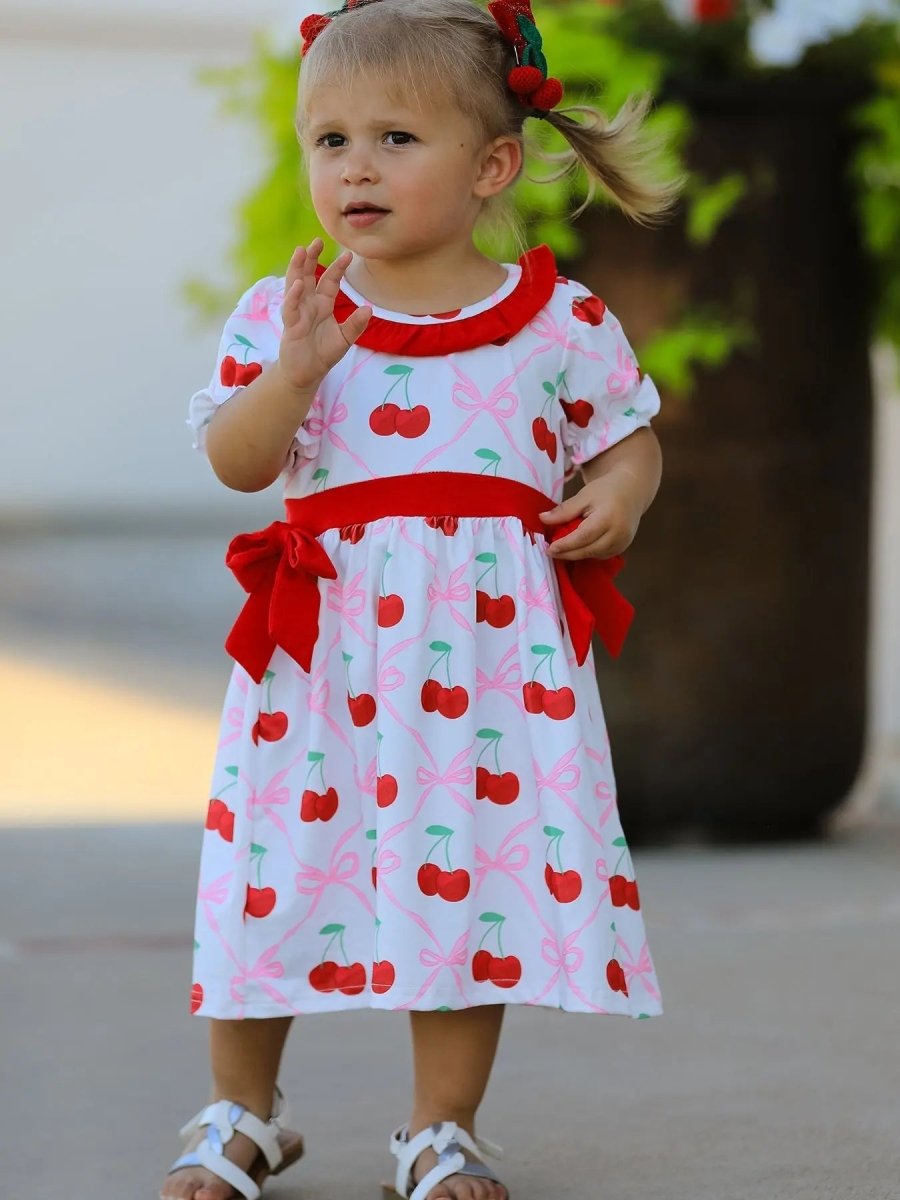 Rylee Faith Designs Cherry Bow Girls Dress with Vibrant Cherry Print and Adorable Bow Detail - Everetts Place Boutique - 