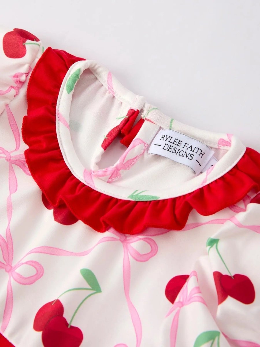Rylee Faith Designs Cherry Bow Girls Dress with Vibrant Cherry Print and Adorable Bow Detail - Everetts Place Boutique - 