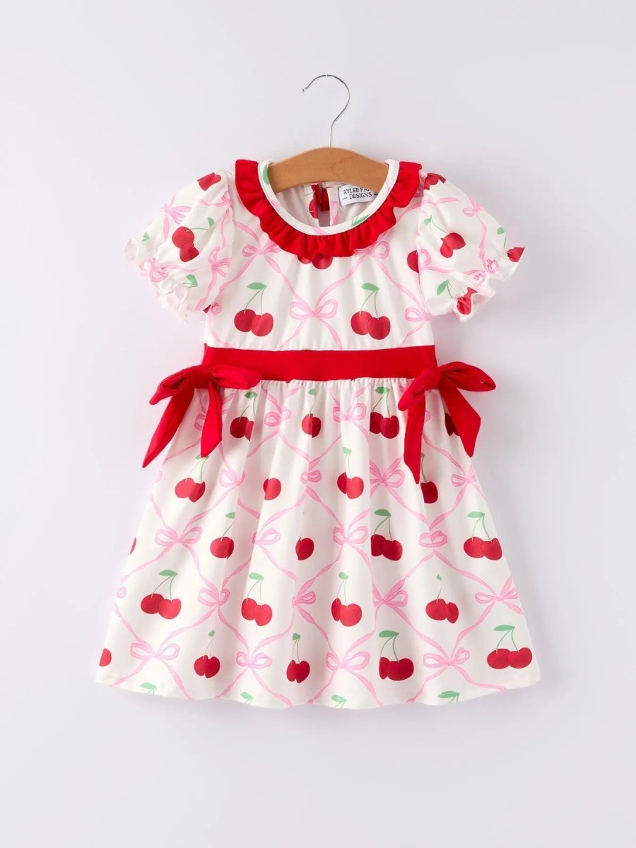 Rylee Faith Designs Cherry Bow Girls Dress with Vibrant Cherry Print and Adorable Bow Detail - Everetts Place Boutique - 