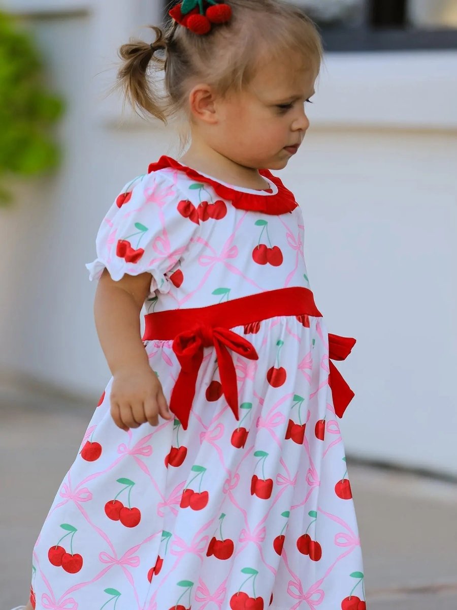 Rylee Faith Designs Cherry Bow Girls Dress with Vibrant Cherry Print and Adorable Bow Detail - Everetts Place Boutique - 