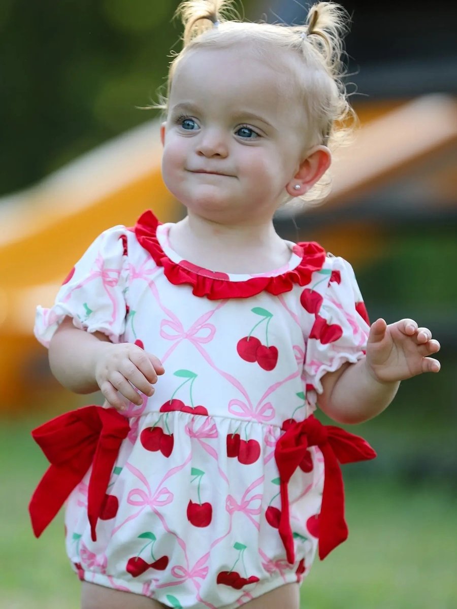 Rylee Faith Designs Cherry Bow Girls Romper Stylish and Comfortable Playwear - Everetts Place Boutique - 