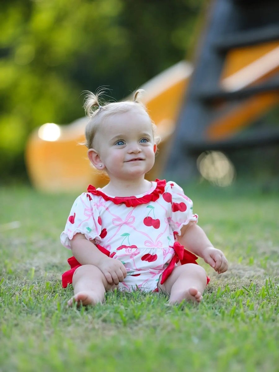 Rylee Faith Designs Cherry Bow Girls Romper Stylish and Comfortable Playwear - Everetts Place Boutique - 