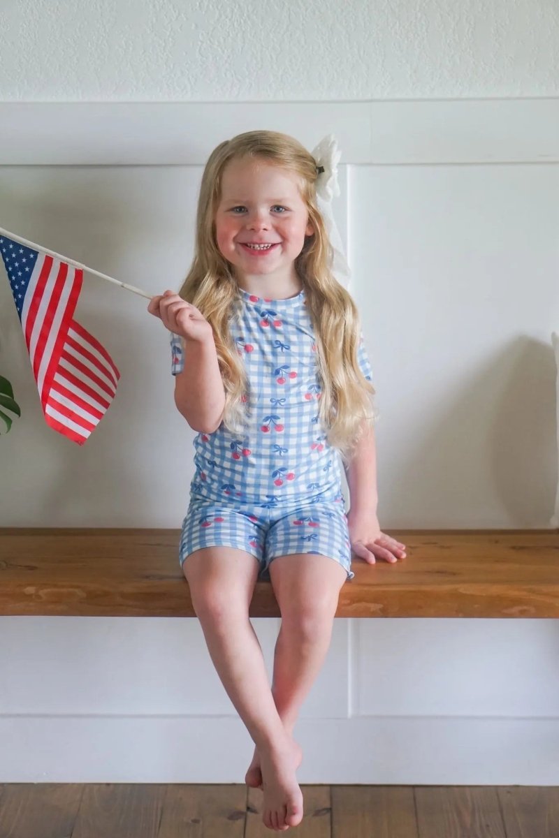 Little Joy Co. Cherry Gingham Two Piece Bamboo Pajamas Set Breathable - Everetts Place Boutique - 