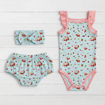 Baby set with cherry print bodysuit, ruffle-back bloomers with elastic waist, and matching headband