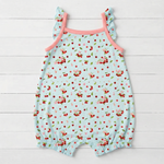 Baby bubble romper with cherry print, flutter sleeves and snap closures along the legs