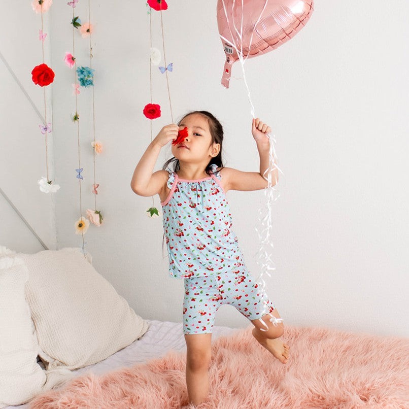 Two-piece baby set with cherry print flutter strap tank top and matching shorts