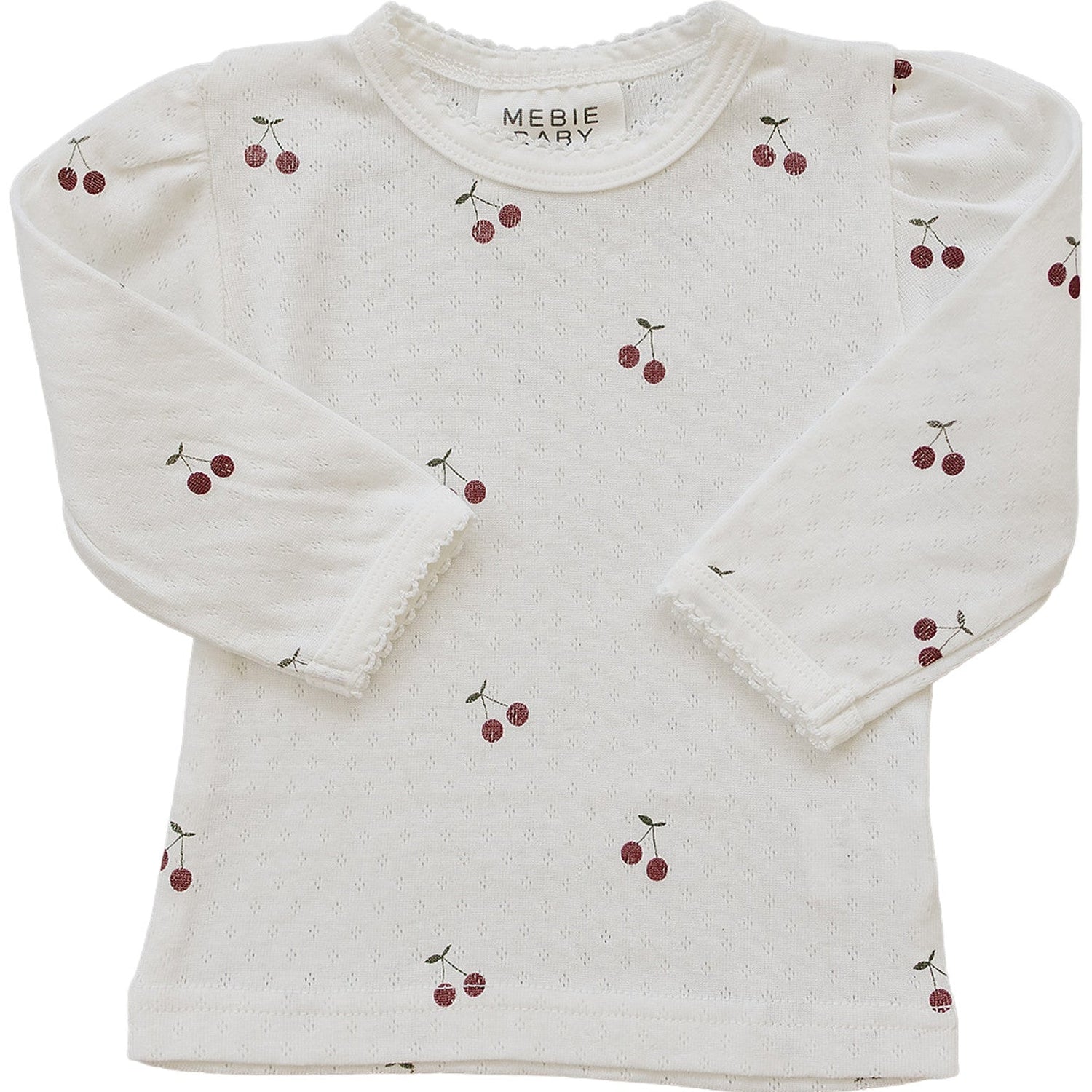 Long sleeve baby tee in cream cotton with a pointelle knit texture and small cherry pattern.