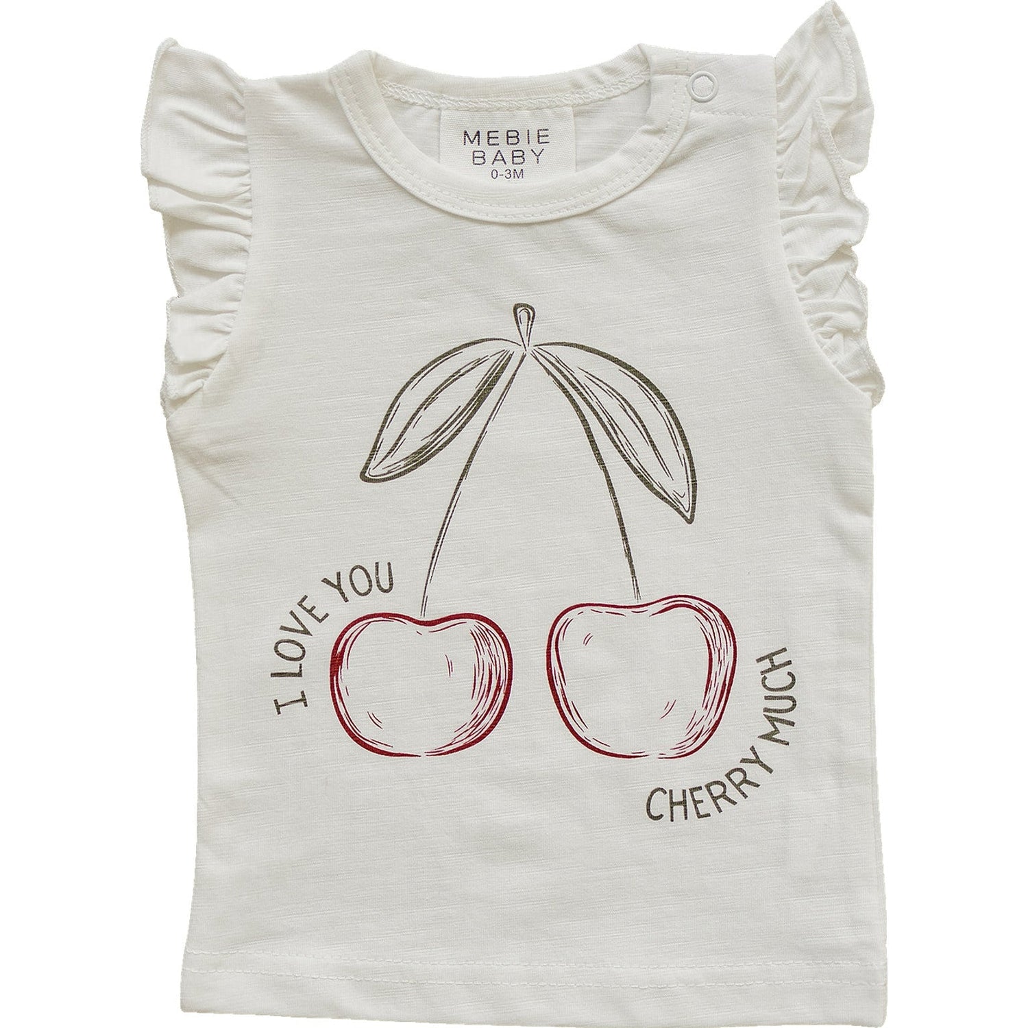 Sleeveless baby tee with an allover cherry print and ruffled shoulder trim.