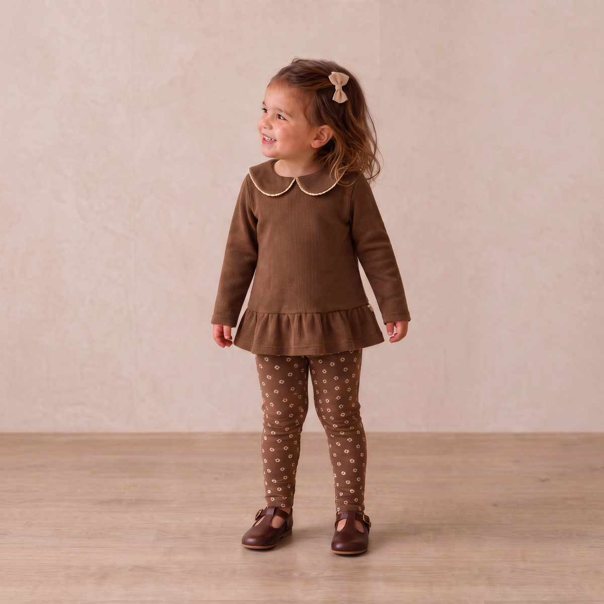 Organic Collar Peplum Top Set of 2 - Chestnut Bloom + Brown by Makemake Organics
