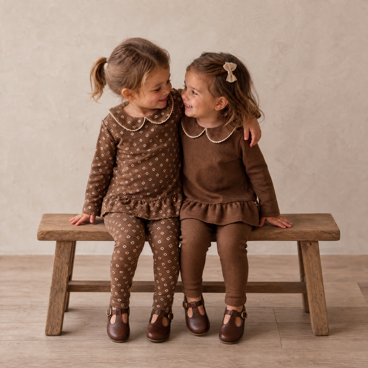 Organic Collar Peplum Top Set of 2 - Chestnut Bloom + Brown by Makemake Organics