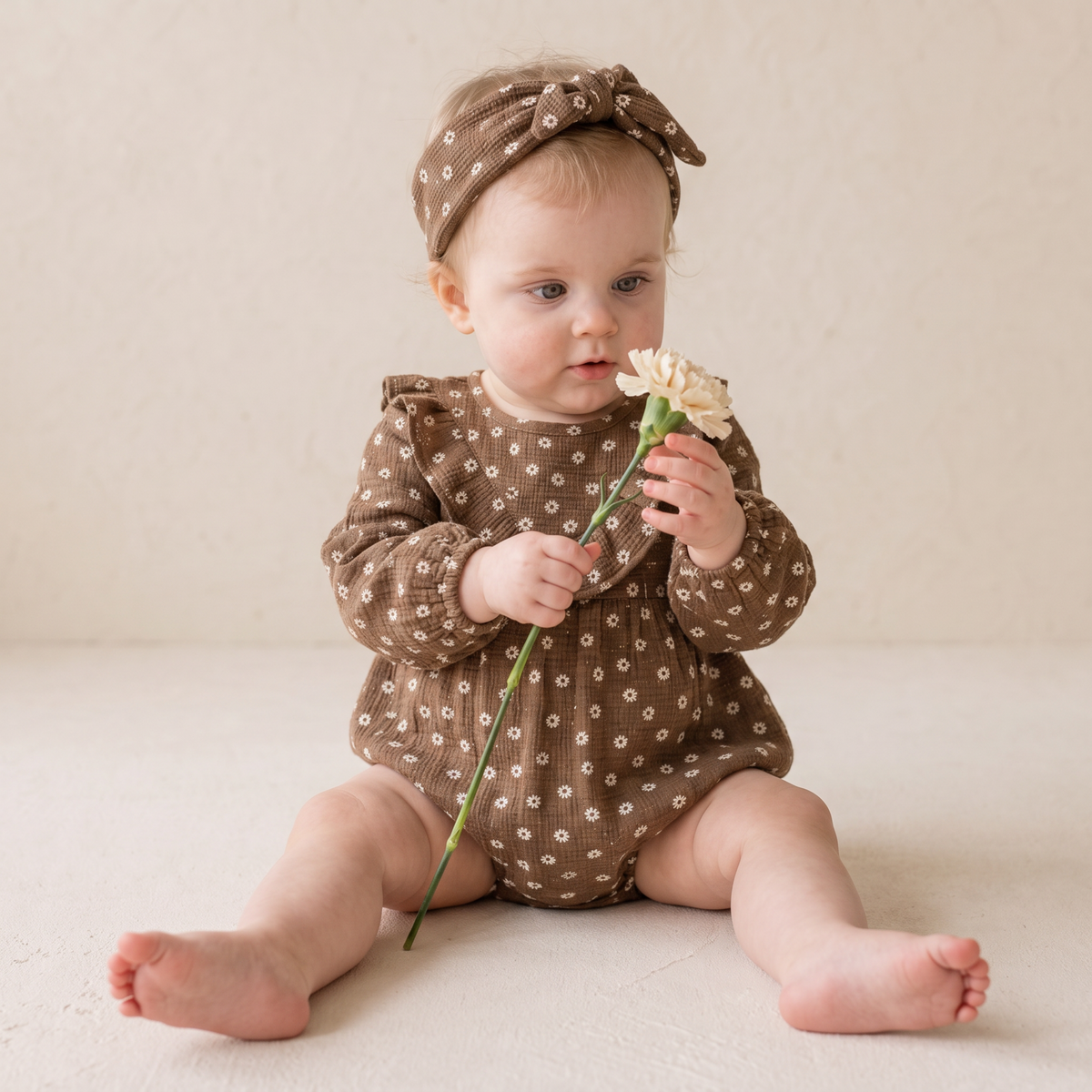 Organic Ruffle Bubble Romper - Chestnut Bloom by Makemake Organics