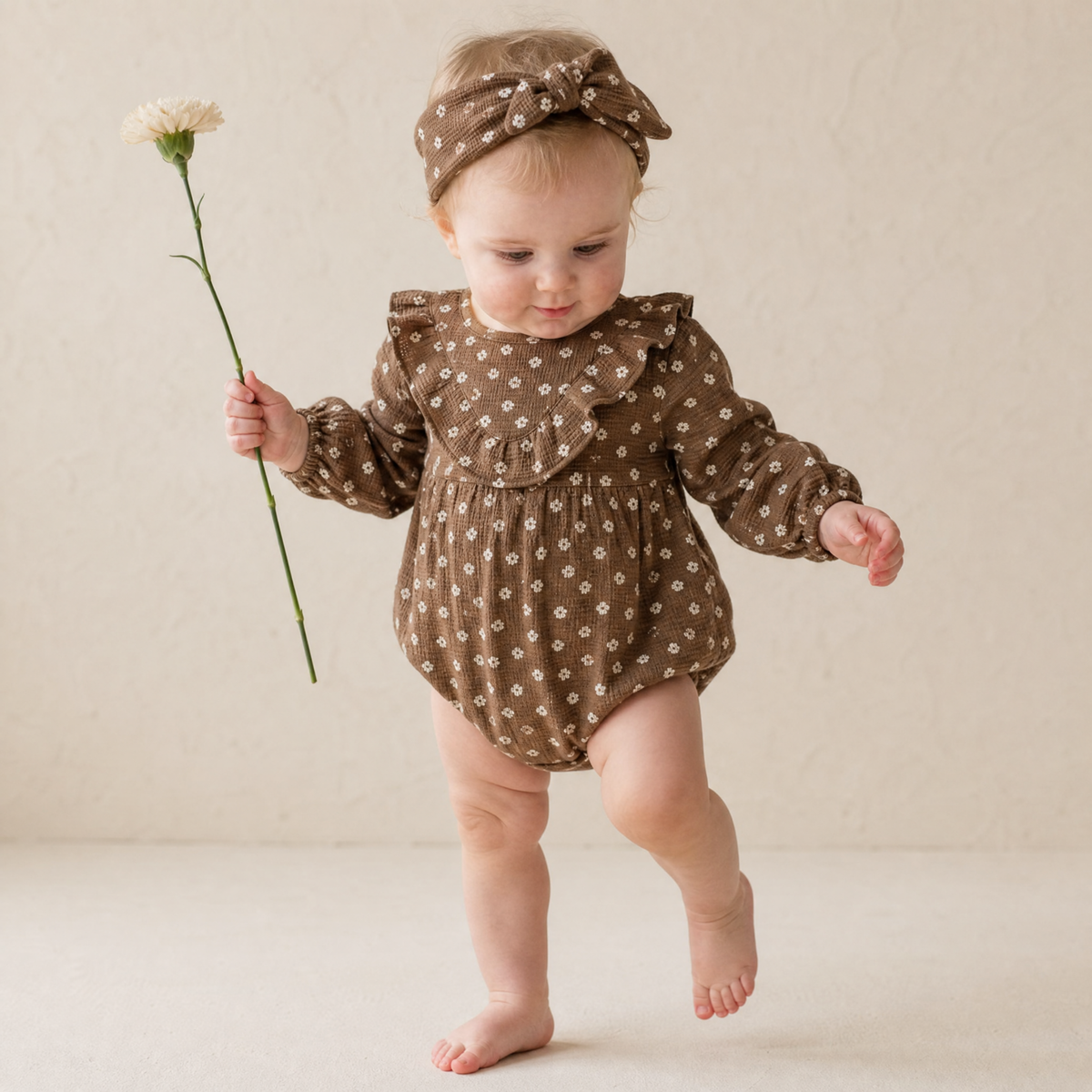 Organic Ruffle Bubble Romper - Chestnut Bloom by Makemake Organics