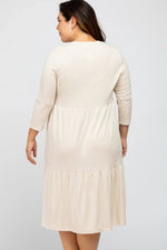PinkBlush Chic Beige Tiered Ribbed Midi Dress with Three Quarter Sleeves for Plus Size Women - 