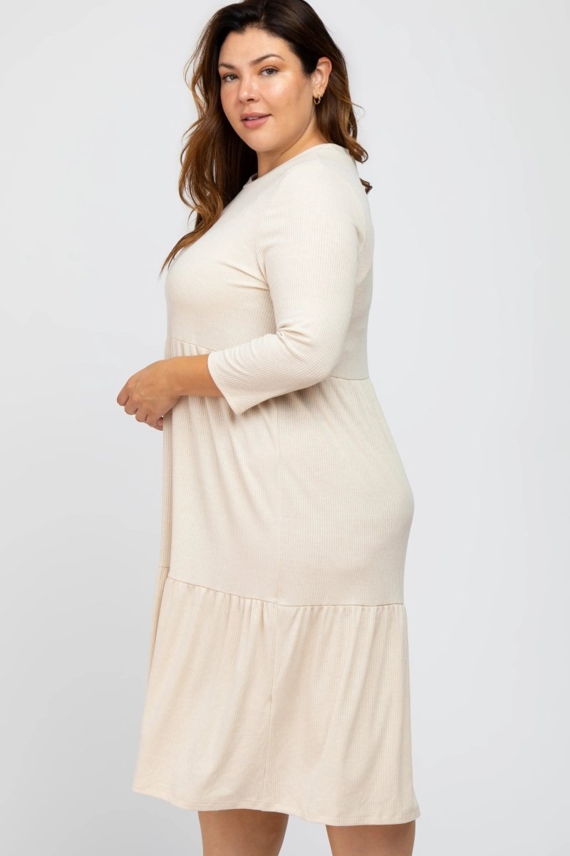 PinkBlush Chic Beige Tiered Ribbed Midi Dress with Three Quarter Sleeves for Plus Size Women - 