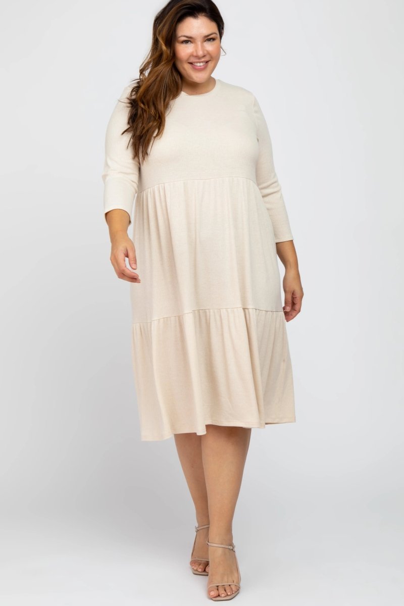 PinkBlush Chic Beige Tiered Ribbed Midi Dress with Three Quarter Sleeves for Plus Size Women - 