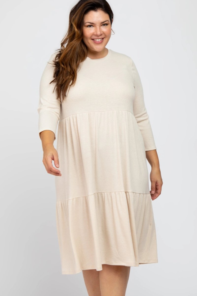 PinkBlush Chic Beige Tiered Ribbed Midi Dress with Three Quarter Sleeves for Plus Size Women - 