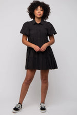 PinkBlush Chic Black Mini Shirt Dress with Puff Sleeves for Fashion Enthusiasts - 