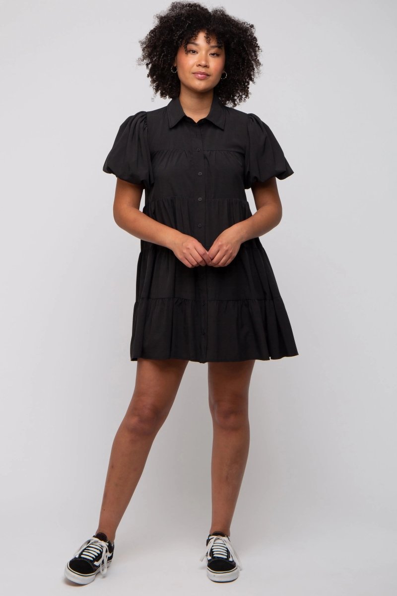 PinkBlush Chic Black Mini Shirt Dress with Puff Sleeves for Fashion Enthusiasts - 