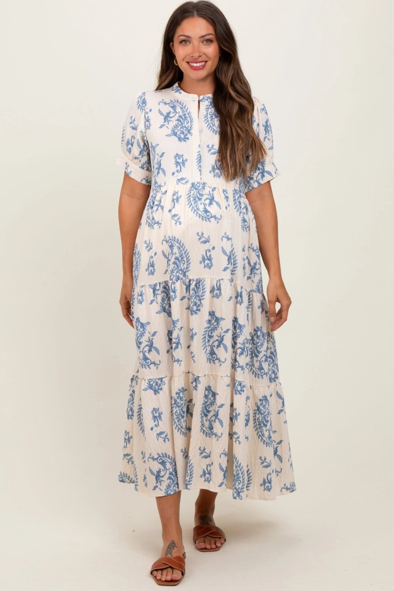 PinkBlush Chic Blue Paisley Maternity Maxi Dress with Functional Buttons for Moms - 