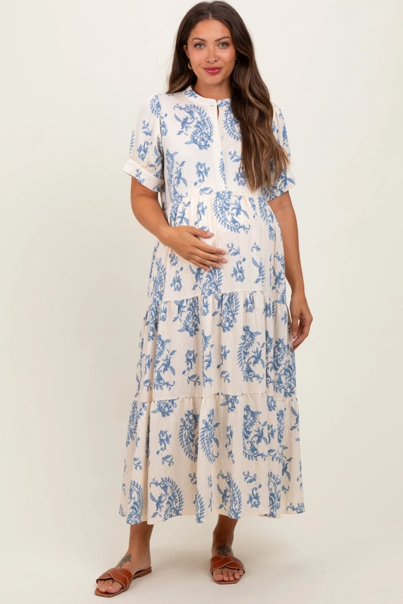 PinkBlush Chic Blue Paisley Maternity Maxi Dress with Functional Buttons for Moms - 