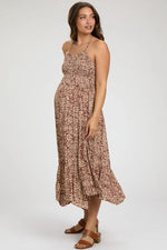 PinkBlush Chic Brown Print Smocked Sleeveless Maternity Midi Dress for Expecting Mothers - 