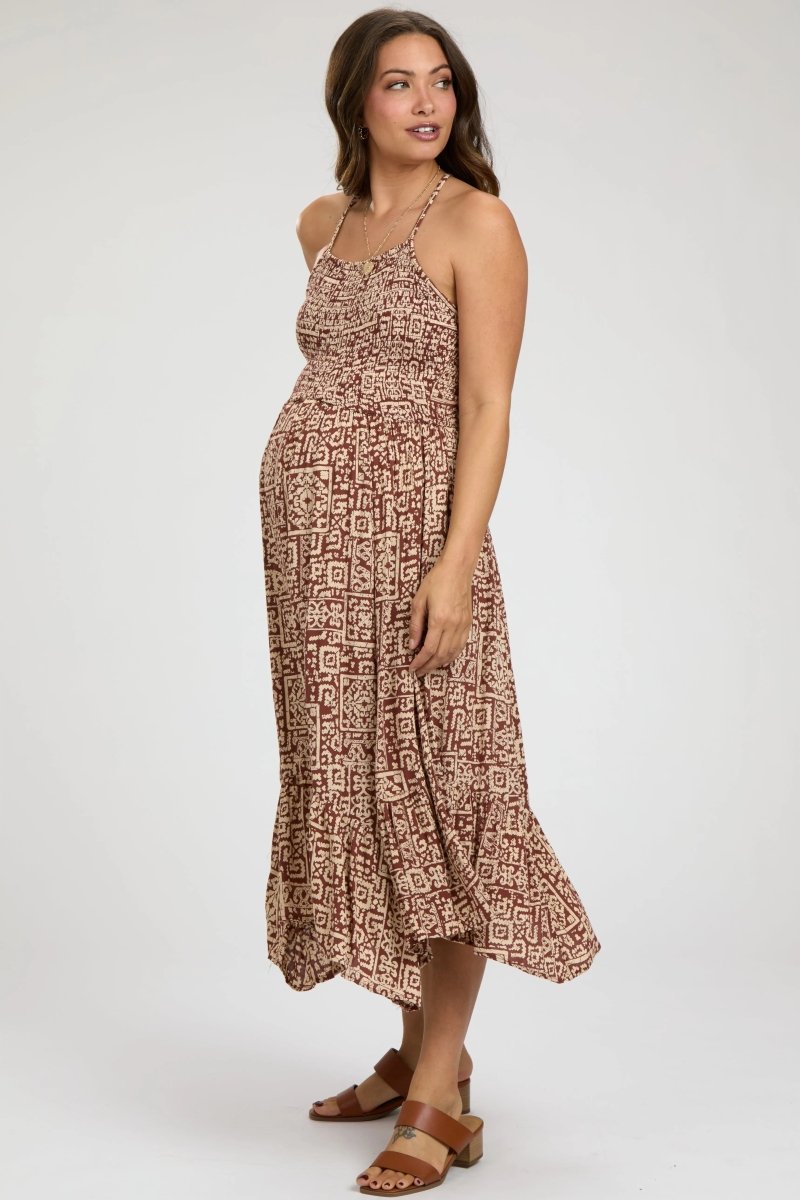 PinkBlush Chic Brown Print Smocked Sleeveless Maternity Midi Dress for Expecting Mothers - 