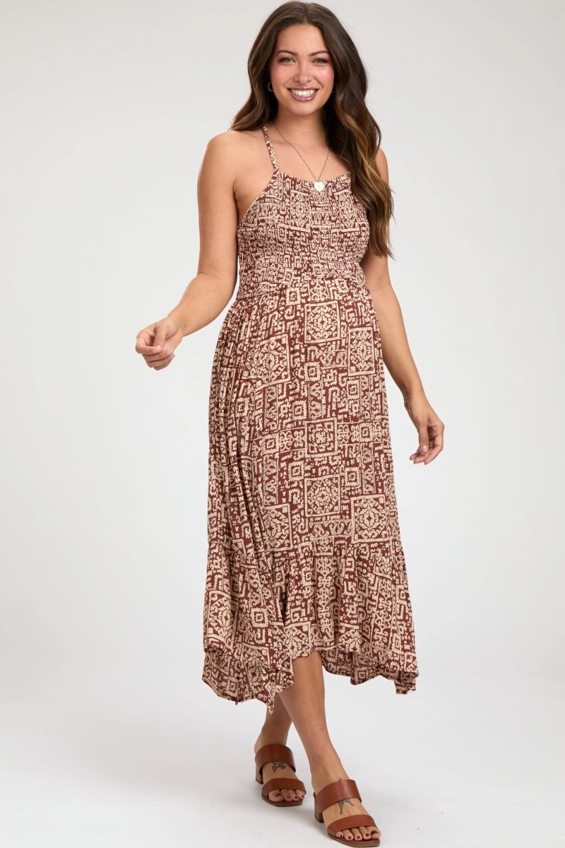 PinkBlush Chic Brown Print Smocked Sleeveless Maternity Midi Dress for Expecting Mothers - 