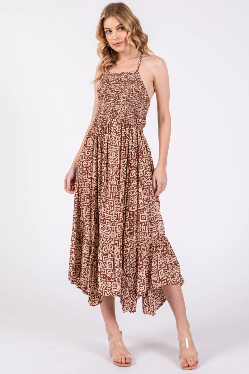 PinkBlush Chic Brown Print Smocked Sleeveless Maternity Midi Dress for Expecting Mothers - 