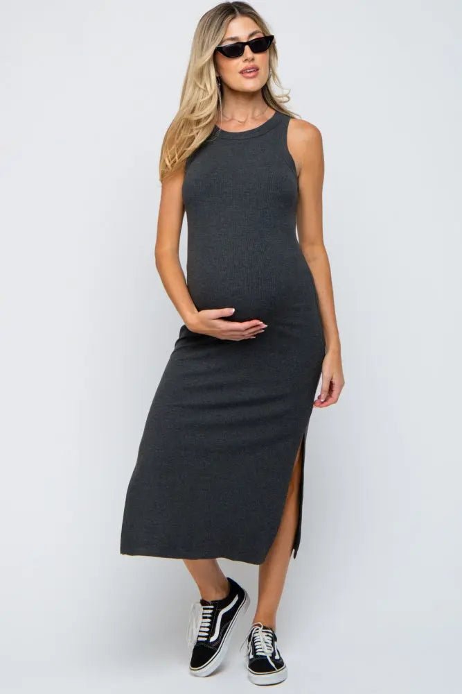 PinkBlush Chic Charcoal Ribbed Maternity Midi Tank Dress with Side Slit for Expecting Moms - 