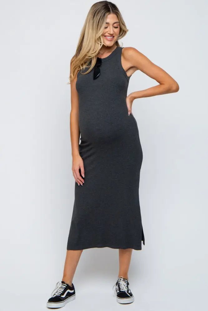 PinkBlush Chic Charcoal Ribbed Maternity Midi Tank Dress with Side Slit for Expecting Moms - 