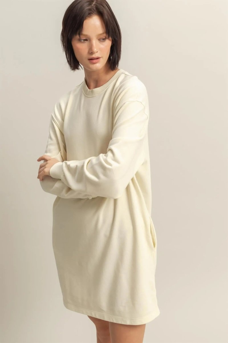 PinkBlush Chic Cream Oversized Sweatshirt Mini Dress with Pockets for Casual Wear - 