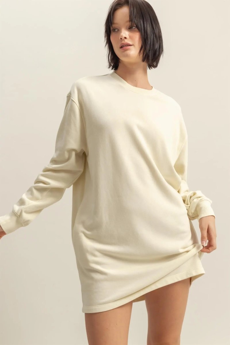 PinkBlush Chic Cream Oversized Sweatshirt Mini Dress with Pockets for Casual Wear - 