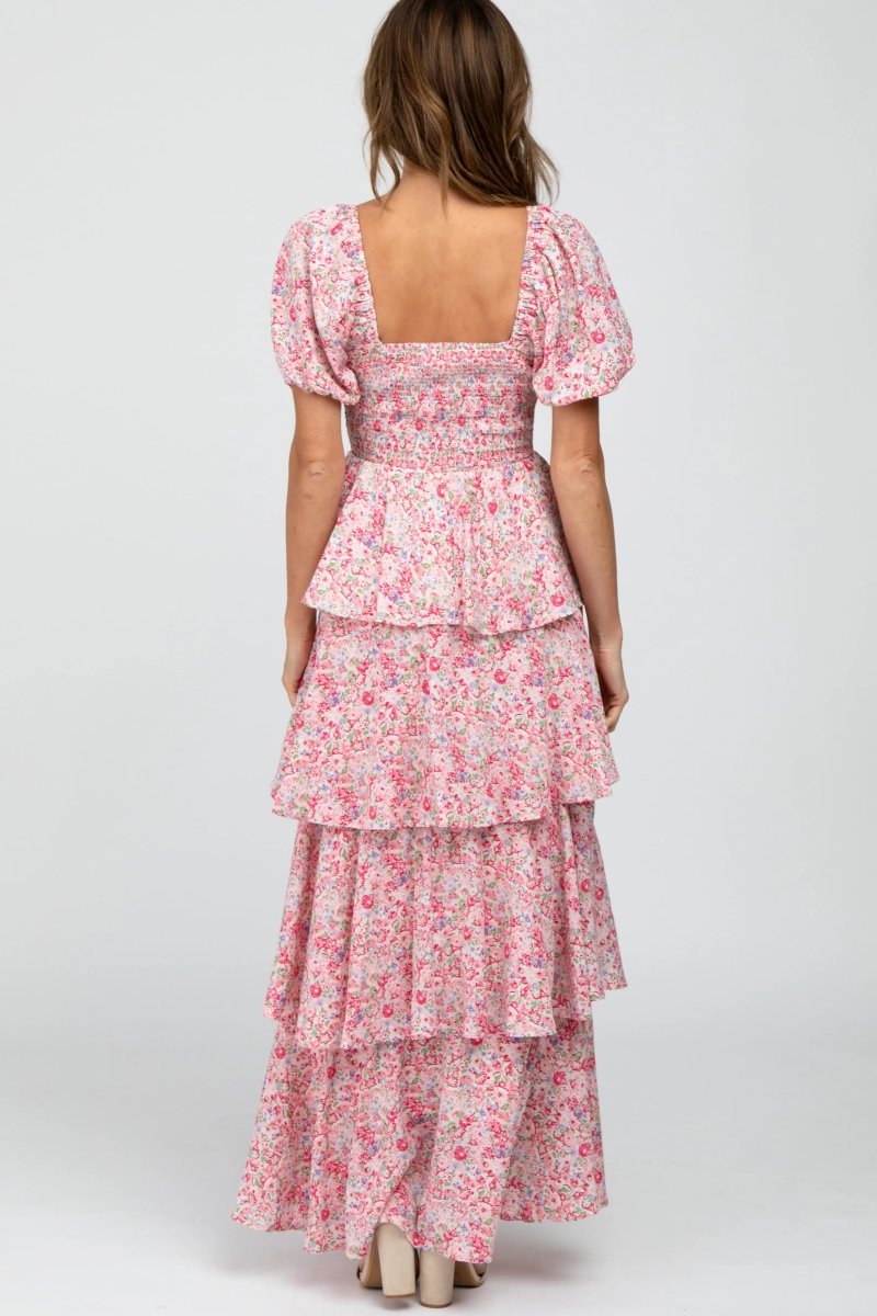PinkBlush Chic Floral Maxi Dress with Ruffle Layers for Summer Occasions - 